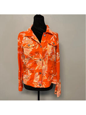 Cynthia Rowley Orange Floral 100% Linen Jean Jacket women's size Medium